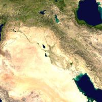 Satellite image showing the Middle East region, highlighting desert areas, bodies of water, and the varying land topography.