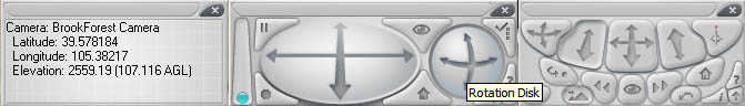 User interface of a camera control system showing coordinates and elevation, along with directional navigation controls and rotation disk.