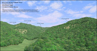 An aerial view of wooded hills detailing specific hiking trails, with clear labels for Barn Bottom Trail, Laural Ridge Trail, and Rich Mountain Loop Trail, under a partly cloudy sky.