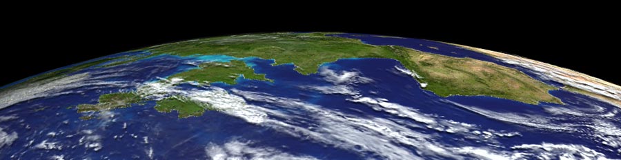 A view of Earth from space, showing North America's landmass surrounded by clouds and blue ocean.