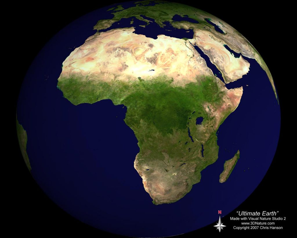 Satellite image of Earth focused on the African continent, showing detailed topography with deserts, savannas, and forests.