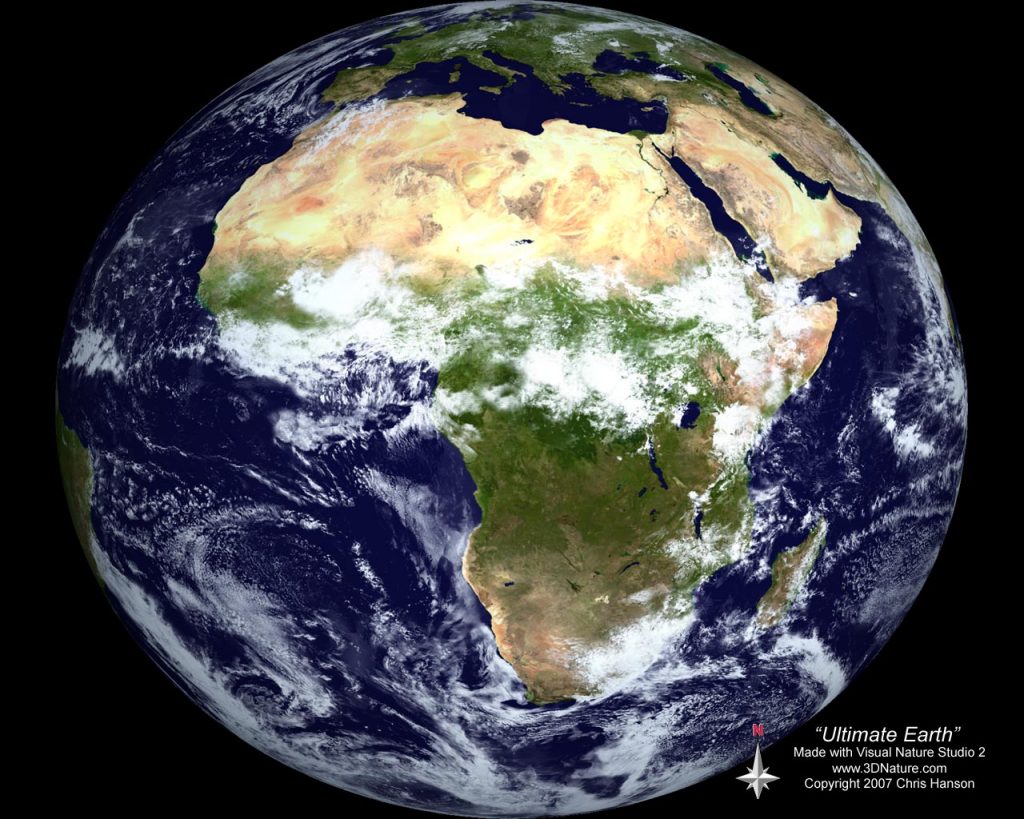 Image of Earth from space showing Africa and parts of Europe and Asia. The globe is surrounded by black space with visible cloud formations over the continents and oceans.