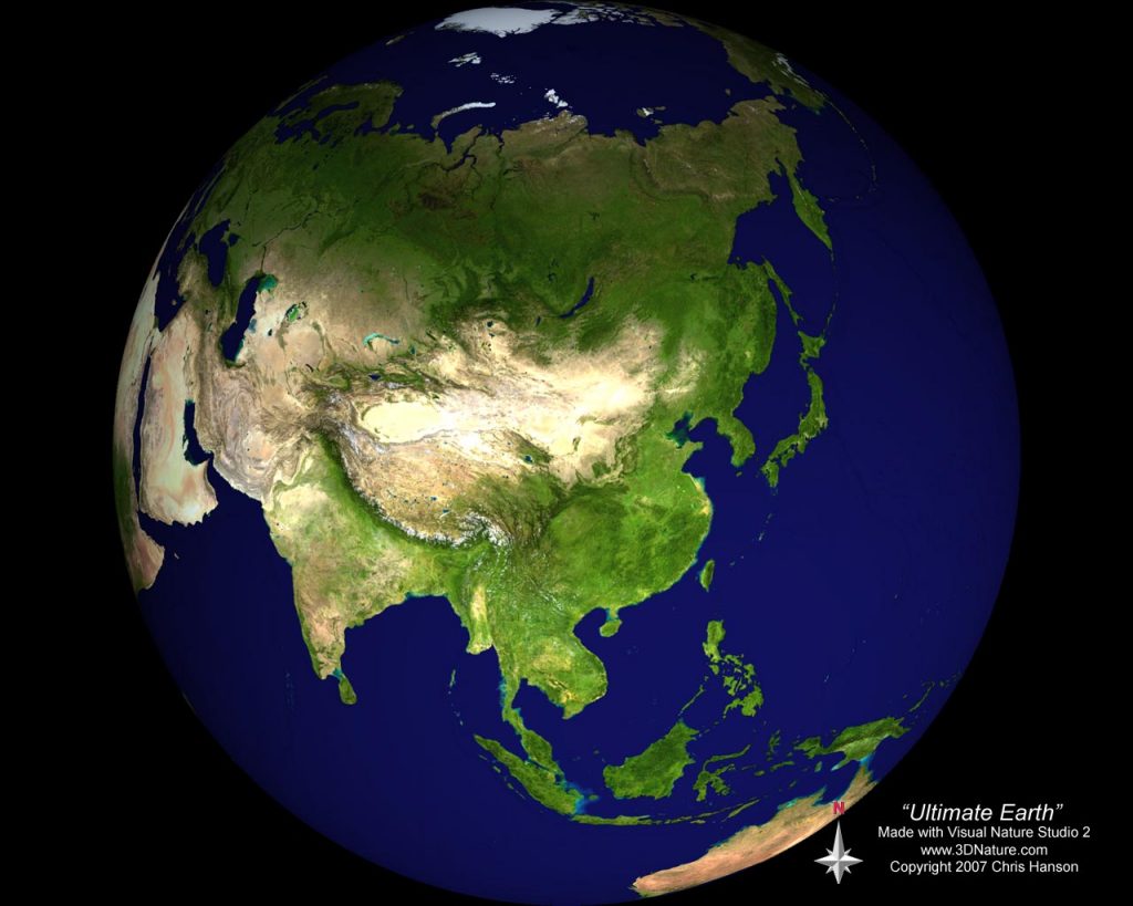 A satellite image of Earth focusing on Asia, showing detailed geographic features including mountains, forests, deserts, and bodies of water.
