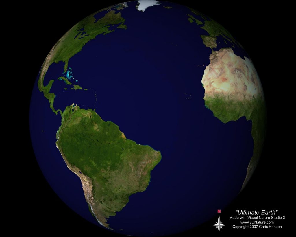 A digital rendering of Earth centered on the Atlantic Ocean, showing the continents of South America, Africa, and parts of North America and Europe.