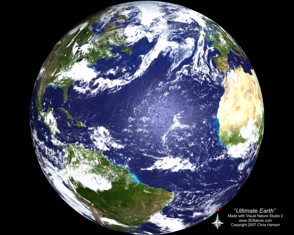 A detailed image of Earth showcasing North and South America, the Atlantic Ocean, part of Africa, and Europe. Copyright information and the words "Ultimate Earth" are visible at the bottom of the image.