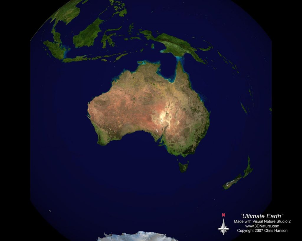 Satellite view of Australia and surrounding regions showing landmasses in green and brown hues against dark blue ocean. Image titled "Ultimate Earth" with credits to Chris Hanson and Visual Nature Studio 2.