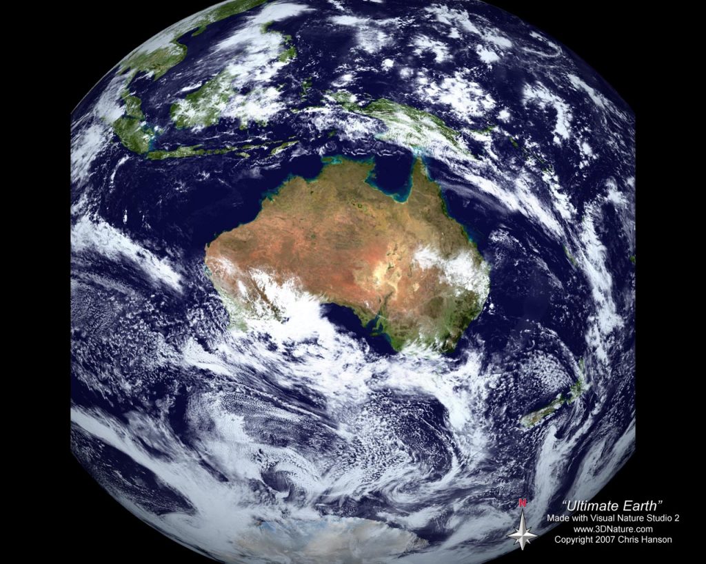 A detailed satellite image of Earth focusing on Australia and surrounding regions, with visible landmasses, oceans, and cloud formations. The image has the text "Ultimate Earth" and copyright information at the bottom right.