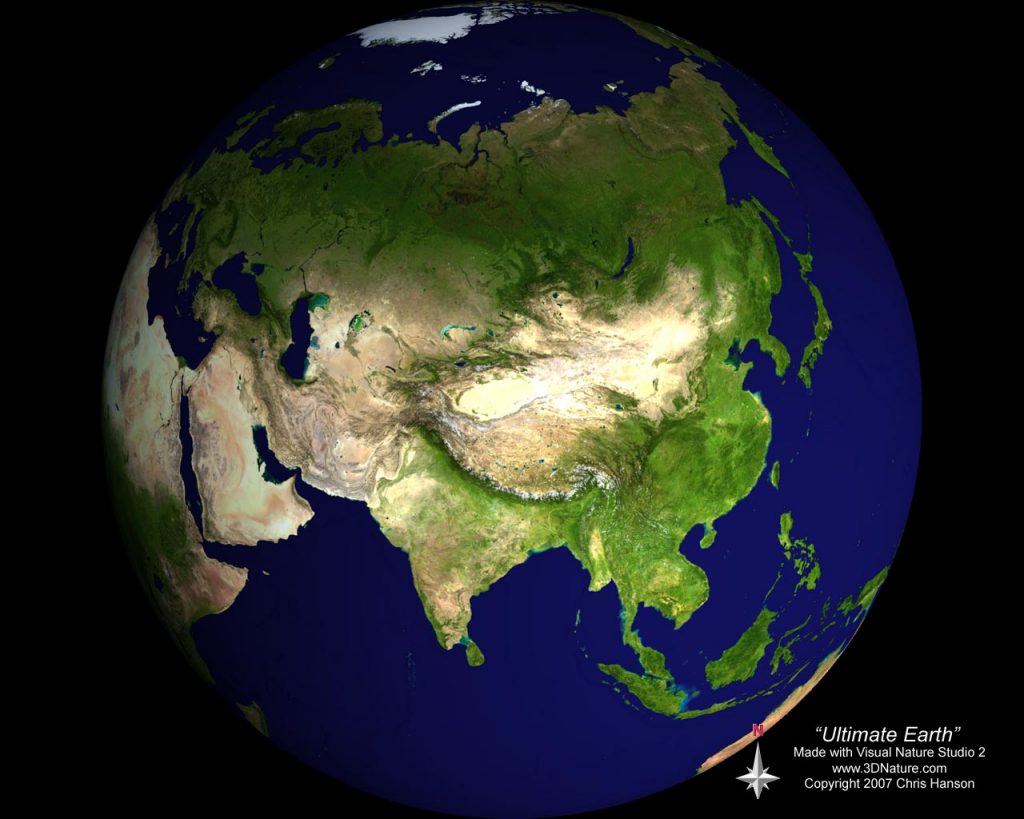 A detailed image of Earth highlighting the continents of Asia and Europe, showing various geographical features such as mountains, forests, and deserts.