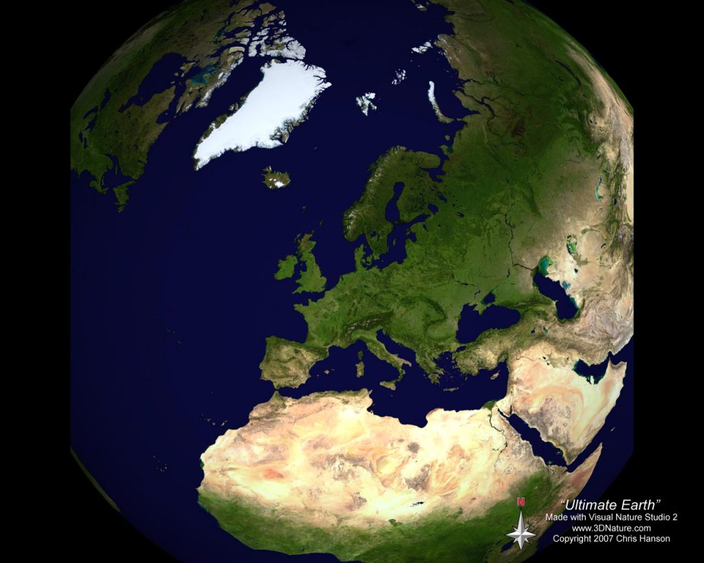 A satellite image of Europe, North Africa, and the Middle East showing land, water, and cloud cover.