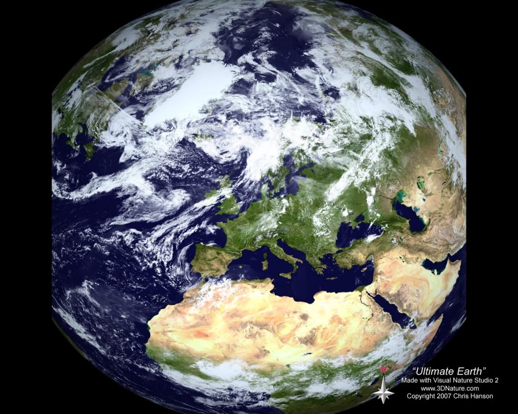 A detailed satellite image of Earth showing Europe, Africa, and parts of Asia. Text on the image reads "Ultimate Earth" with credit to Chris Hanson, Visual Nature Studio 2, and 3DNature.com.