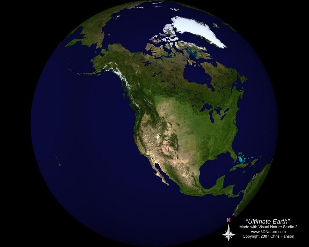A satellite image of North America, displaying the continent's terrain and geographical features, with notable ice coverage in the Arctic region. The image is titled "Ultimate Earth.