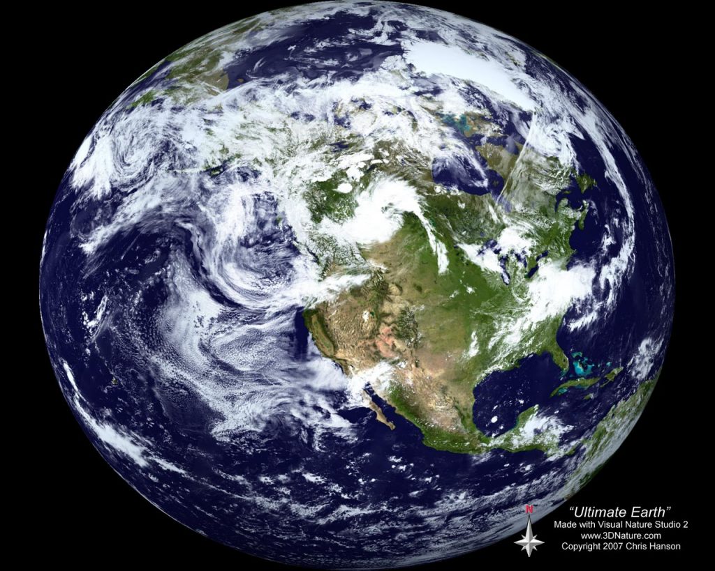 A high-resolution image of Earth from space, showing continents, oceans, and cloud formations. North America is prominently visible. Created with Visual Nature Studio 2 by 3DNature.com.