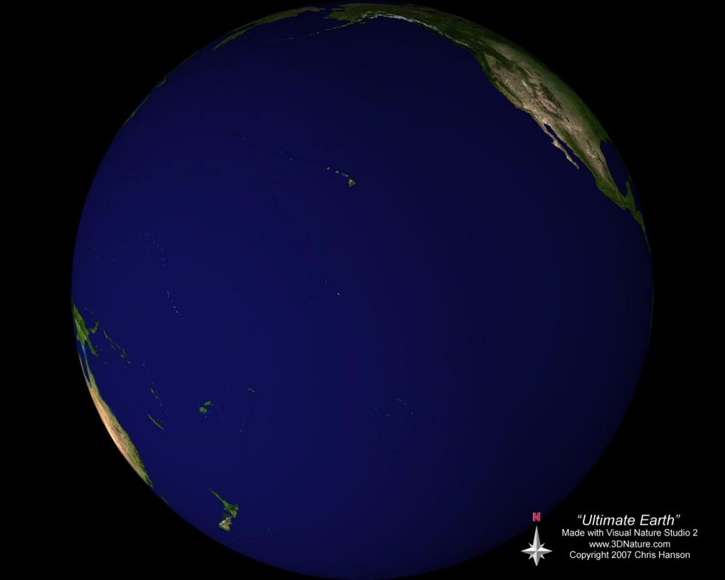 View of Earth from space showing the Pacific Ocean, part of North America, and parts of Asia and Oceania. The majority of the visible hemisphere is covered by ocean.