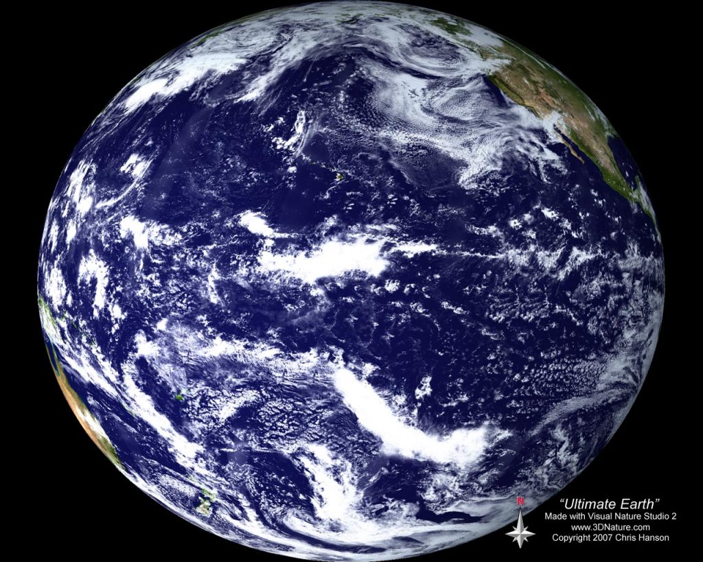 A detailed visual representation of Earth showing primarily the Pacific Ocean from space, created using Visual Nature Studio 2. A small portion of North and South America is visible on the right.