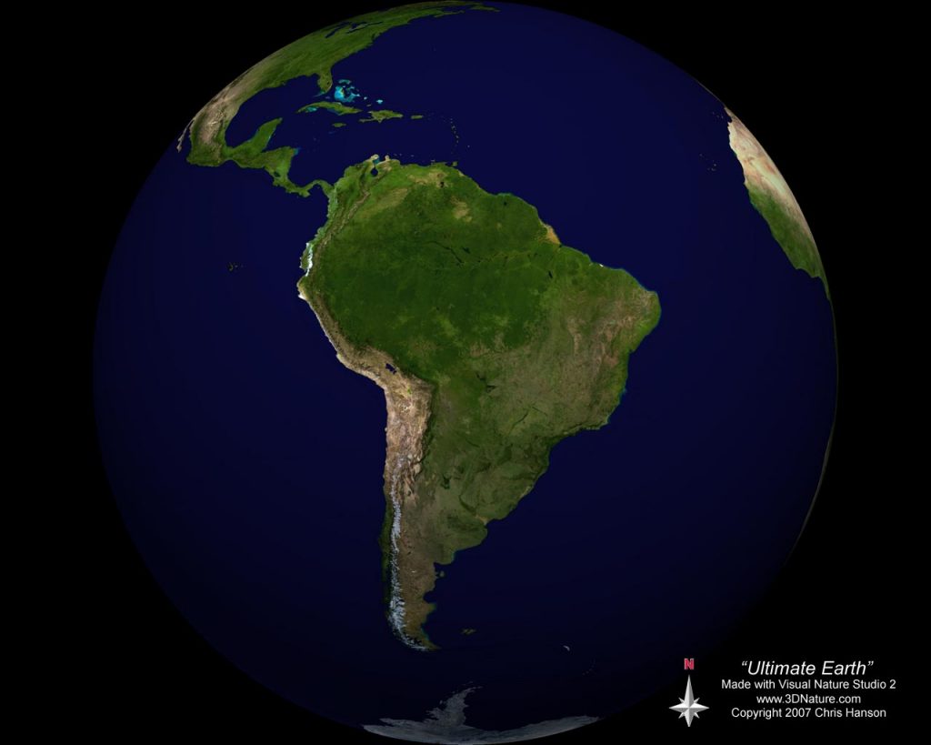 A digital image of Earth, focusing on the South American continent, created with Visual Nature Studio 2 and dated 2007. The image includes a compass indicating the north direction.