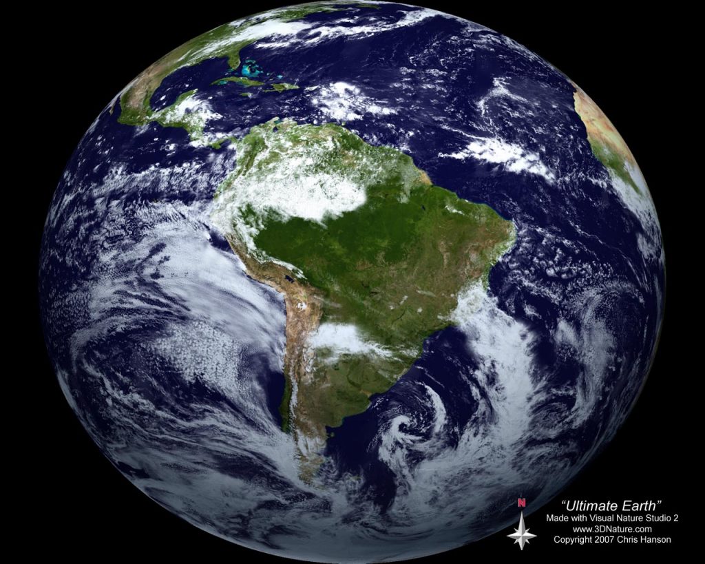 A detailed image of the Earth from space, focusing on the continents of North and South America. Green landmasses and blue oceans are visible, with cloud formations over parts of the globe.
