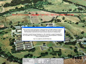 Aerial view of a rural area with buildings and fields. A computer-generated interface overlay displays a notification. Text at the top reads "Proof Of Concept - Copyright FaNG3D - Not for Commercial Use.