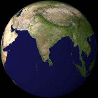 A satellite view of the Eastern Hemisphere featuring parts of Asia, the Middle East, and the Indian Ocean. The landmasses and ocean are clearly visible against the black background of space.