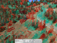An anaglyph 3D image of a forested landscape with rolling hills and scattered trees. A path or road runs through the terrain. A video game interface is visible at the bottom.