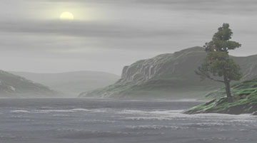 A misty landscape with a calm body of water in the foreground, surrounded by cliffs and hills. The sun is partially visible through the overcast sky. A lone tree stands on the right on the water's edge.