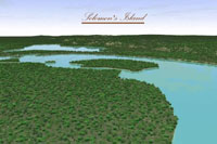 Aerial view of Johnson's Island, showing densely forested land surrounded by water with a clear sky above.