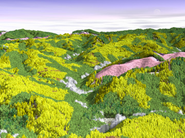 Digital rendering of a hilly landscape with green and yellow vegetation, pink rock formations, and a gradient sky from purple at the horizon to blue at the top.